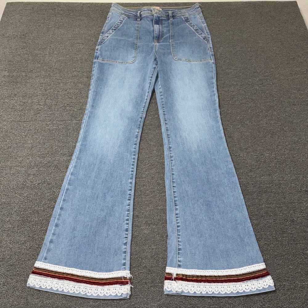 Knox Rose Womens Boho Lace Trim Flare Jeans Light Wash Blue Denim Size 8